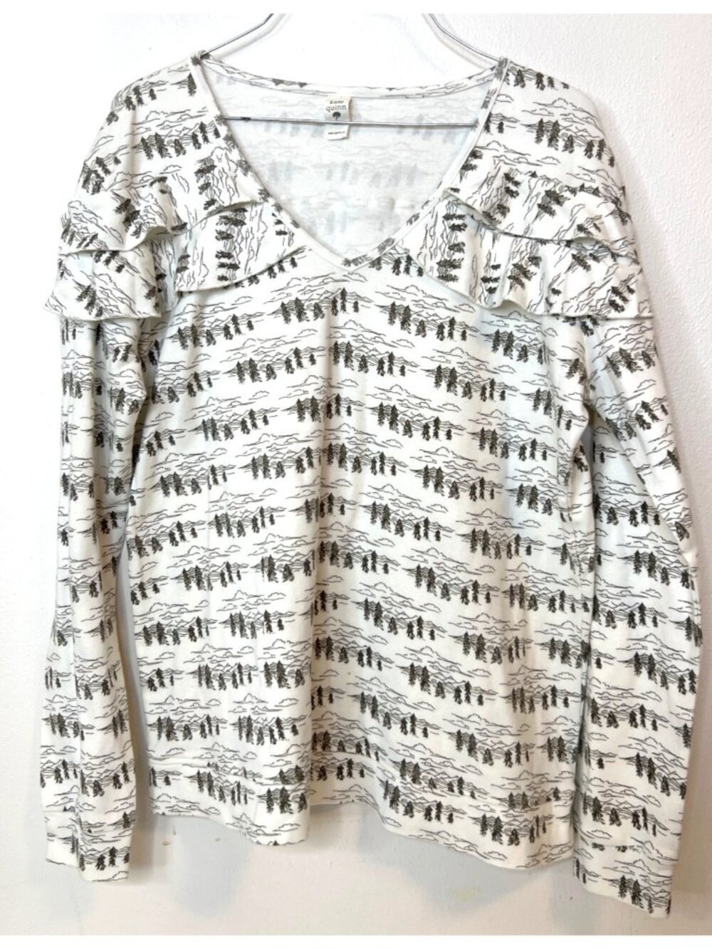 Kate Quinn XXL Organic Cotton Blouse Mountains Trees Cottagecore Ruffle Detail